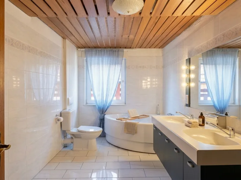 Großzügiges Badezimmer mit Eckbadewanne, Doppelwaschbecken und Holzdecke