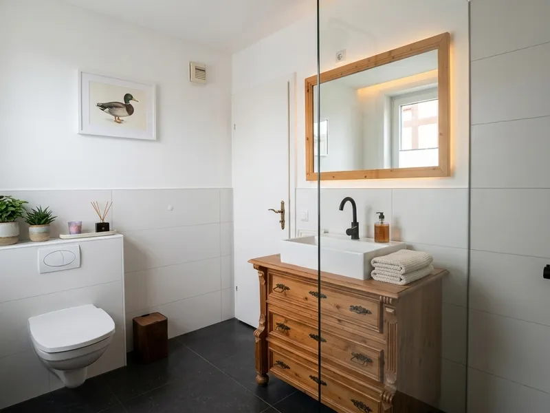 Modernes Badezimmer mit begehbarer Dusche und antikem Komoden-Waschtisch