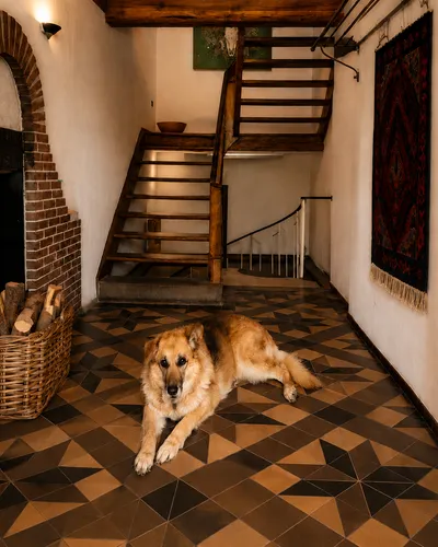 Historischer Flur des FERIENHAUS Am Brunnen mit Hund auf gemusterten Fliesen