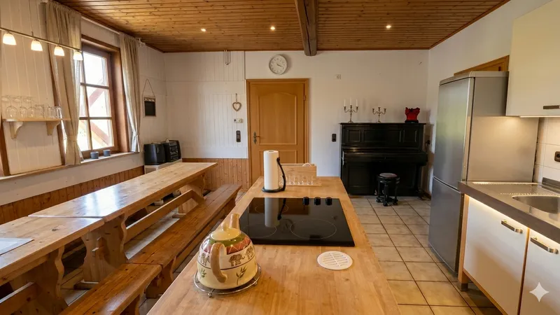 Küche mit Arbeitsplatte, langer Tafel und Sitzbänken