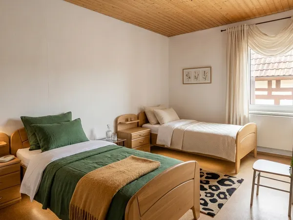 Heiligenburg – Helles Schlafzimmer mit zwei Einzelbetten und Holzdecke