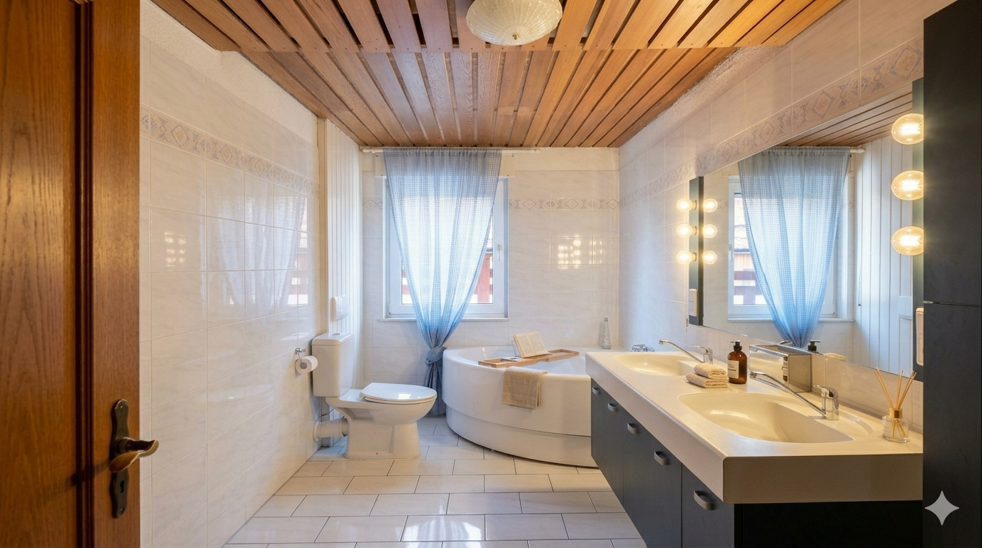 Großzügiges Badezimmer mit Eckbadewanne, Doppelwaschbecken und Holzdecke
